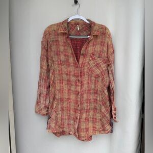 Free people Women's Plaid Button-Up Shirt in Red and Tan.